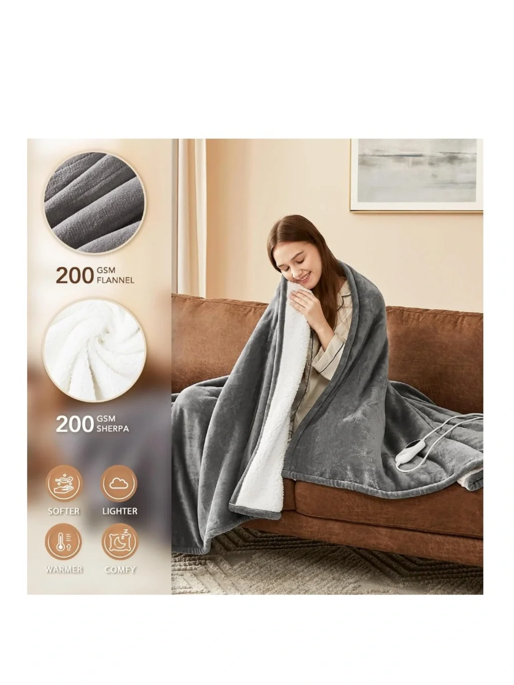 Ultra-Soft Heated Throw Blanket with 10 Heat Settings - GRAY & WHITE